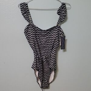 Chic Aqua Couture Black and White Wave Pattern Onepiece Swimsuit